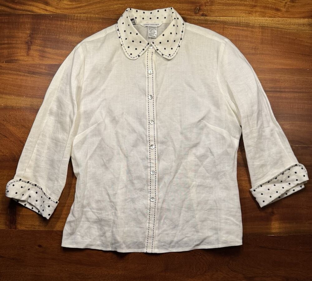 Richard Malcom Irish Linen Women’s White Polka Dot Trim Button Up shirt Sz M